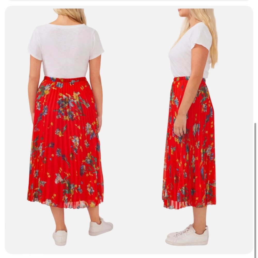 Vince Camuto Womens Size XL Red Floral Pleated Midi Skirt Elastic Waistband